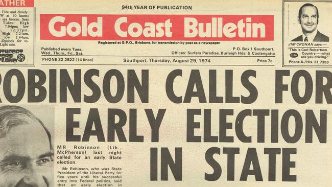 Gold Coast History: Gold Coast Bulletin 1974, August 29. Front page.