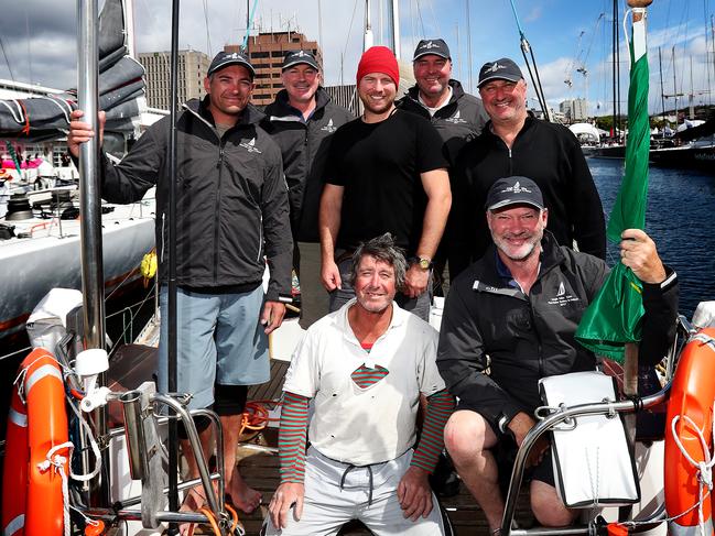 The crew of Michael Crew’s Magic Miles, the second Tasmanian yacht home in the 2017 race. Picture: NIKKI DAVIS-JONES