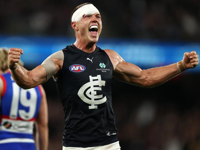 MELBOURNE.  24/03/2022.   AFL. Round 2.  Western Bulldogs vs Carlton at the Marvel Stadium .  Patrick Cripps of the Blues celebrates as the final siren sounds  . Photo by Michael Klein