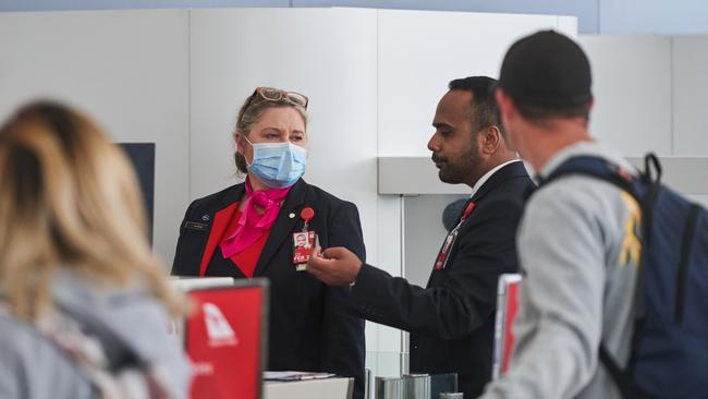 Qantas staff at Adelaide Airport, after six Qantas baggage handlers tested positive for COVID-19. Picture: Matt Loxton