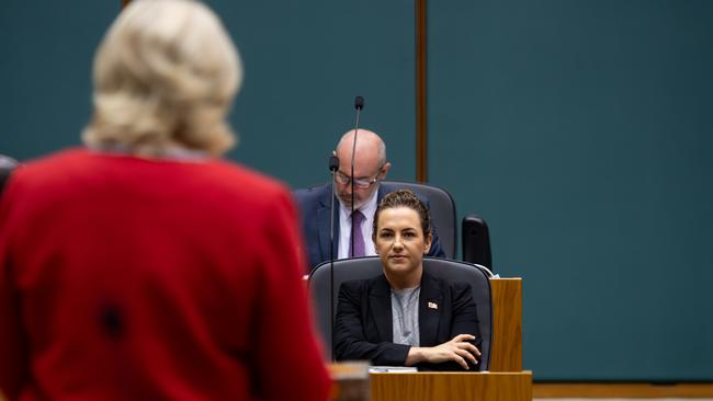 Leader of the Opposition Lia Finocchiaro watches on as Chief Minister Eva Lawler hands down the budget. Picture: Pema Tamang Pakhrin