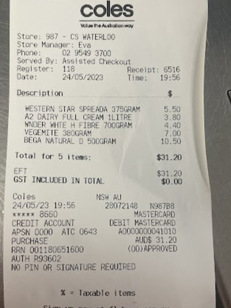 A recent receipt shows butter, bread, milk, cheese slices and a jar of Vegemite — for a staggering $31.20. Picture: Supplied