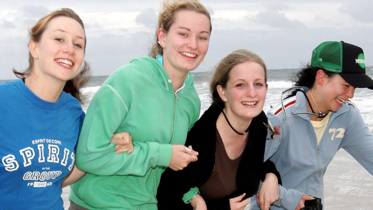 22 Nov 2004 Gold Coast Schoolies Week. The Gap High School leavers L/R Julia Newman 17yrs, Michelle Edstein 18yrs, Kate McCleary 17yrs and Ursula Hurworth 17yrs at Surfers Paradise Beach PicAdam/Head revellers youth