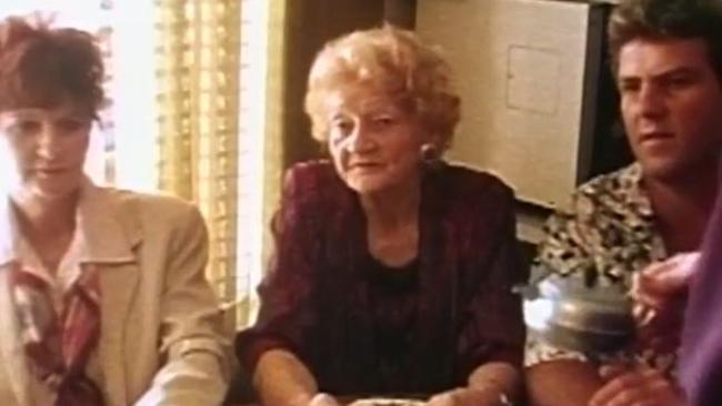 Hanson’s mother Norah (centre) expressed the views about ‘the yellow man’ over tea and scones at a gathering with her children. Picture: Channel 9.