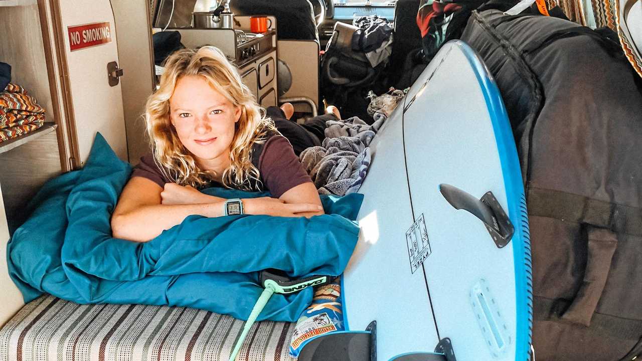 Teenage sensation Amarnie Barber relaxing in her van before a competition. Picture: Craig Barber