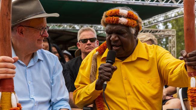 Prime Minister Anthony Albanese and Galarrwuy Yunupingu during the Garma Festival 2022 at Gulkula. Picture: Tamati Smith/Getty Images