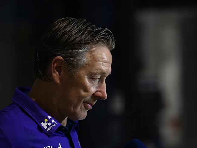 TOWNSVILLE, AUSTRALIA - MAY 21:  Storm coach Craig Bellamy speaks to the media before the start of the round 11 NRL match between the North Queensland Cowboys and the Melbourne Storm at Qld Country Bank Stadium, on May 21, 2022, in Townsville, Australia. (Photo by Ian Hitchcock/Getty Images)