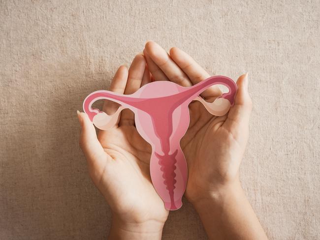 woman holding uterus, female reproductive system , woman health, PCOS, gynecologic and cervix cancer concept