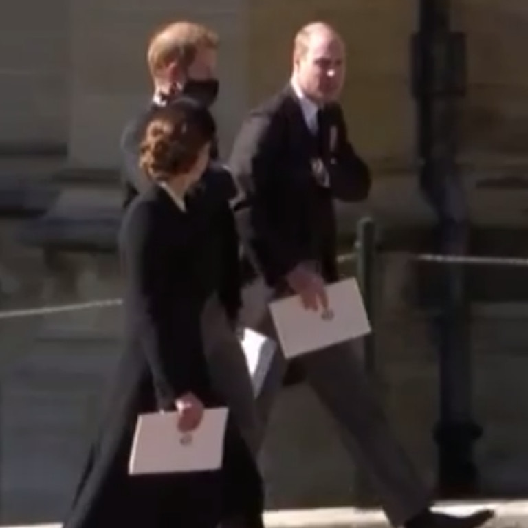 Kate, William and Harry walking together at Prince Philip’s funeral. Picture: 7 NEWS