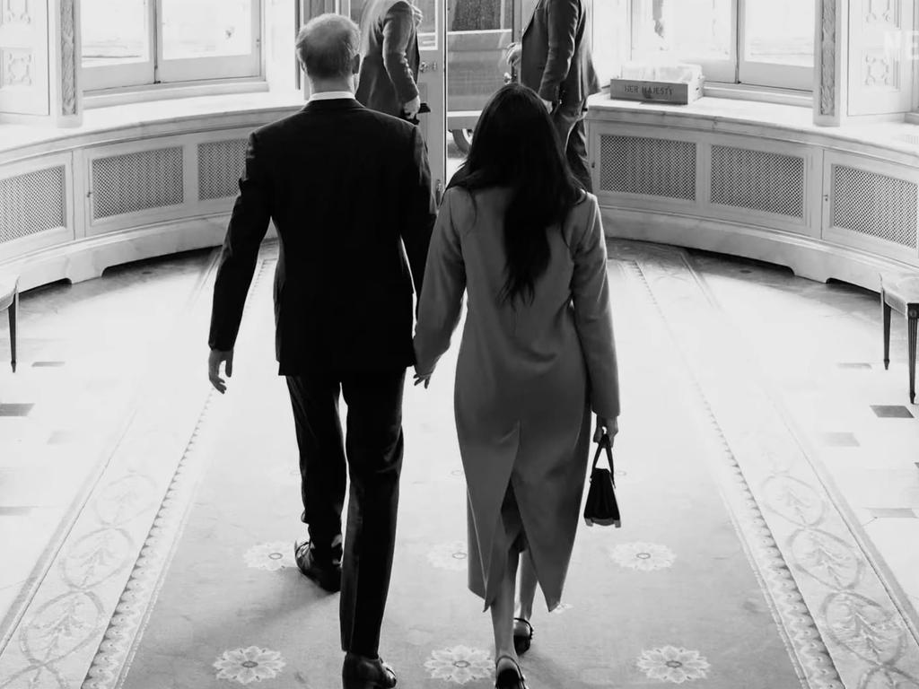 Grabs from Harry and Meghan docuseries trailer, taken inside Buckingham Palace. Picture: Netflix