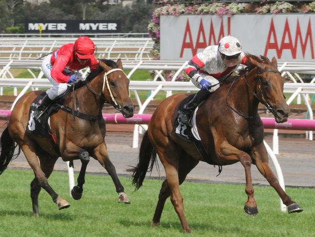 Jockey Ben Allen rides Sharing (right) to victory in the Tauto Handicap at Flemington last month. Picture: AAP