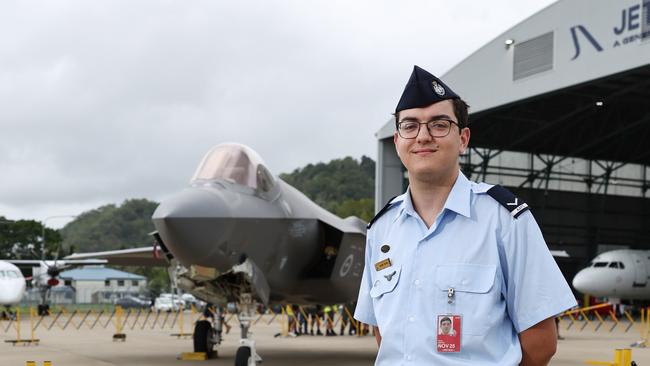 The Royal Australian Air Force has flown a Lockheed Martin F-35 Lightning II strike fighter jet to Cairns, the first time one of the air force's fifth generation fighter jets has visited Far North Queensland. Air Force cadet instructor Leading Aircraftman Oliver Roper has dreams of flying the F-35 Lightning II. Picture: Brendan Radke