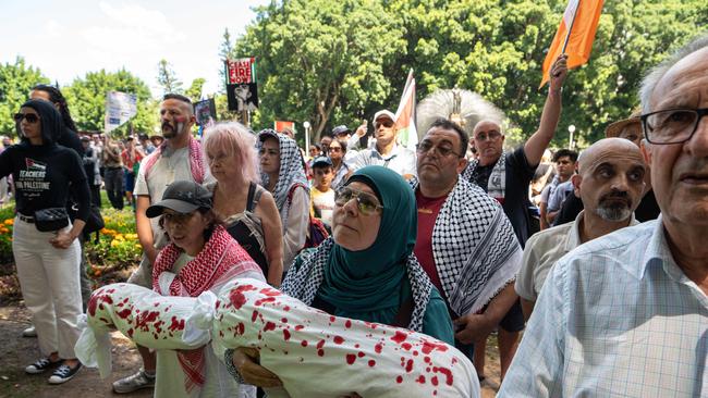 Protesters were seen carrying signs and flags during the demonstration. Picture: NCA NewsWire / Flavio Brancaleone