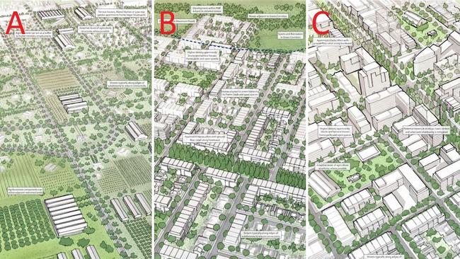 Conceptual drawings illustrating how Cecil Park and Horsley Park could be developed. The three images (A, B and C) correlate to the three strategies being considered.