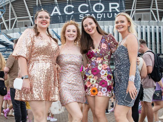 SYDNEY, AUSTRALIA - Daily Telegraph Photos February 26, 2024: Beth, Chloe, Christina and Karla at Taylor Swift's The Eras Tour concert held at Accor Stadium in Sydney. Picture: Christian Gilles