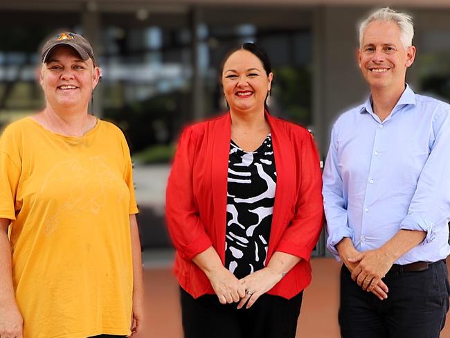 Susan Thompson, a Cert III in Visual Arts graduate, Labor candidate for Herbert Edwina Andrew with Minister for Skills and Training Andrew Giles outside TAFE Pimlico. Picture: Supplied