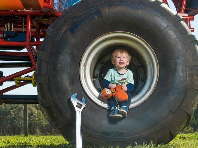 The V8 Tropical Thunder monster truck and Jasper Gordon, 2. Monster Trucks will be coming to the Royal Melbourne Show as well as the world first V8 powered giant ball driven by 60yo mad scientist and inventor Sam xuereb. Picture: Jason Edwards