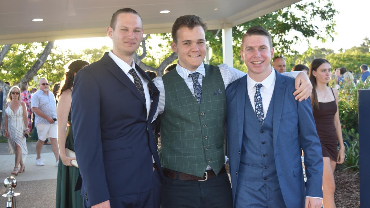 Clayt Musprat, Ethan Schultz and Ethan Bento at the Mountain Creek State High School formal on November 18, 2022. Picture: Sam Turner