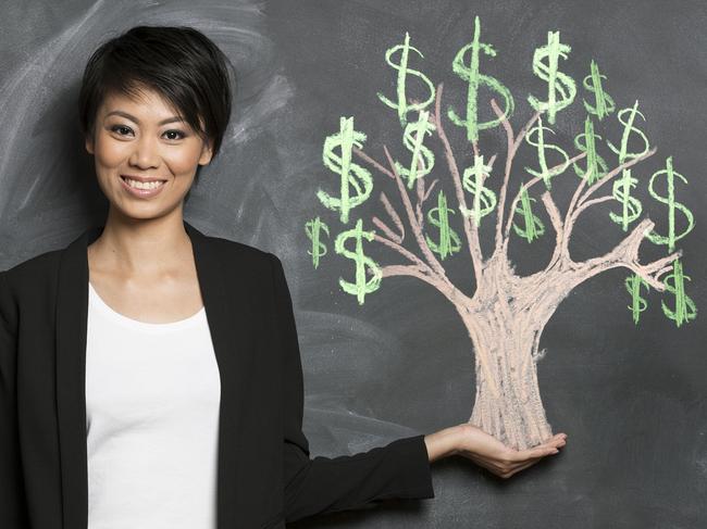 Happy Asian Business woman in front of chalk money tree drawing on blackboard. money goals generic