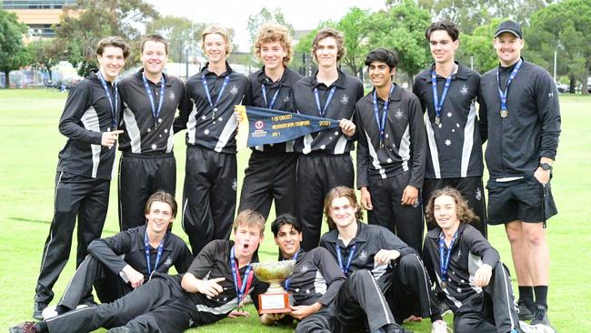 Adelaide High School celebrates winning the 2021 SAAS T20 division one grand final over Sacred Heart. Picture: Leo Panzarino