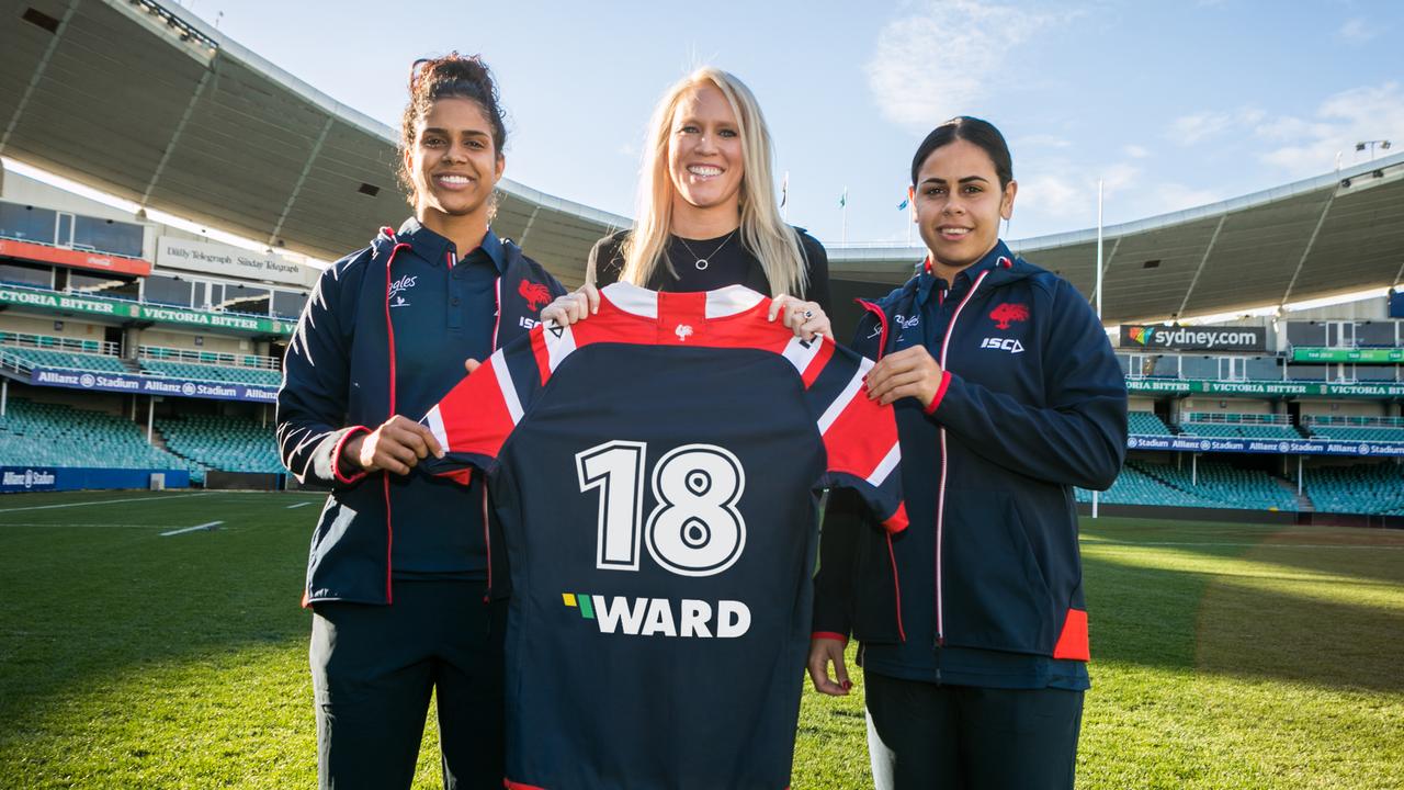 Julia Ward, new Roosters NRLW sponsor, with players Taleena Simon and Nakia Davis-Welsh. Pic: Roosters Digital