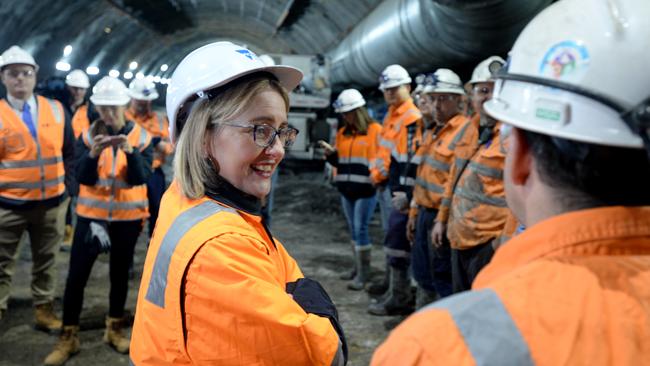 Minister Jacinta Allan meets workers in the Metro Tunnel. Picture: Andrew Henshaw