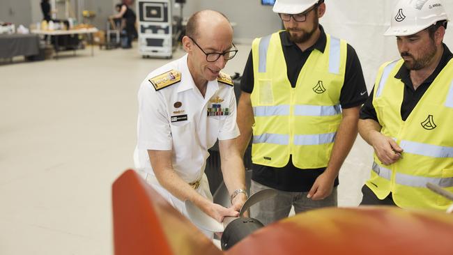 Commodore Darron Kavanagh at the unveiling of the 5.8m long Dive-LD autonomous submarine at a secret location on Sydney Harbour.