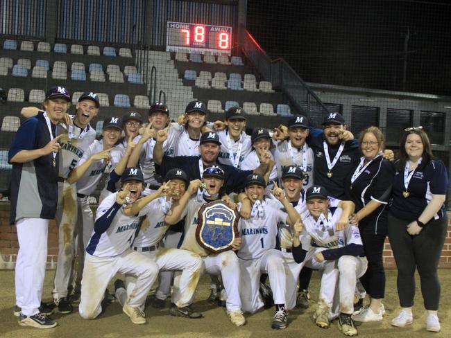 LEAGUE CHAMPIONS: Southern Mariners were jubilant after they won in extra innings against Macarthur to secure the 2021 Australian Senior League Championships at the baseball complex at Albert Park in Lismore on May 12, 2021. Photo: Alison Paterson