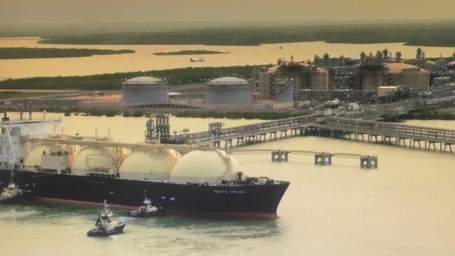 INPEX The 100th shipment of liquefied natural gas (LNG) cut an imposing sight in Darwin Harbour yesterday as it was given a grand welcome and send off. The shipment on the Pacific Arcadia LNG carrier was given a special escort by habour tugs with a mighty spray of water from fire hoses marking the official welcome to the Ichthys LNG onshore processing facilities before loading. SUPPLIED