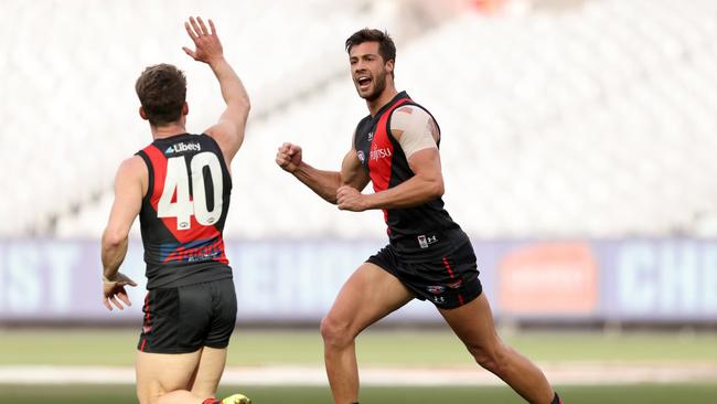 Kyle Langford of the Bombers celebrates a goal. Picture: Getty Images