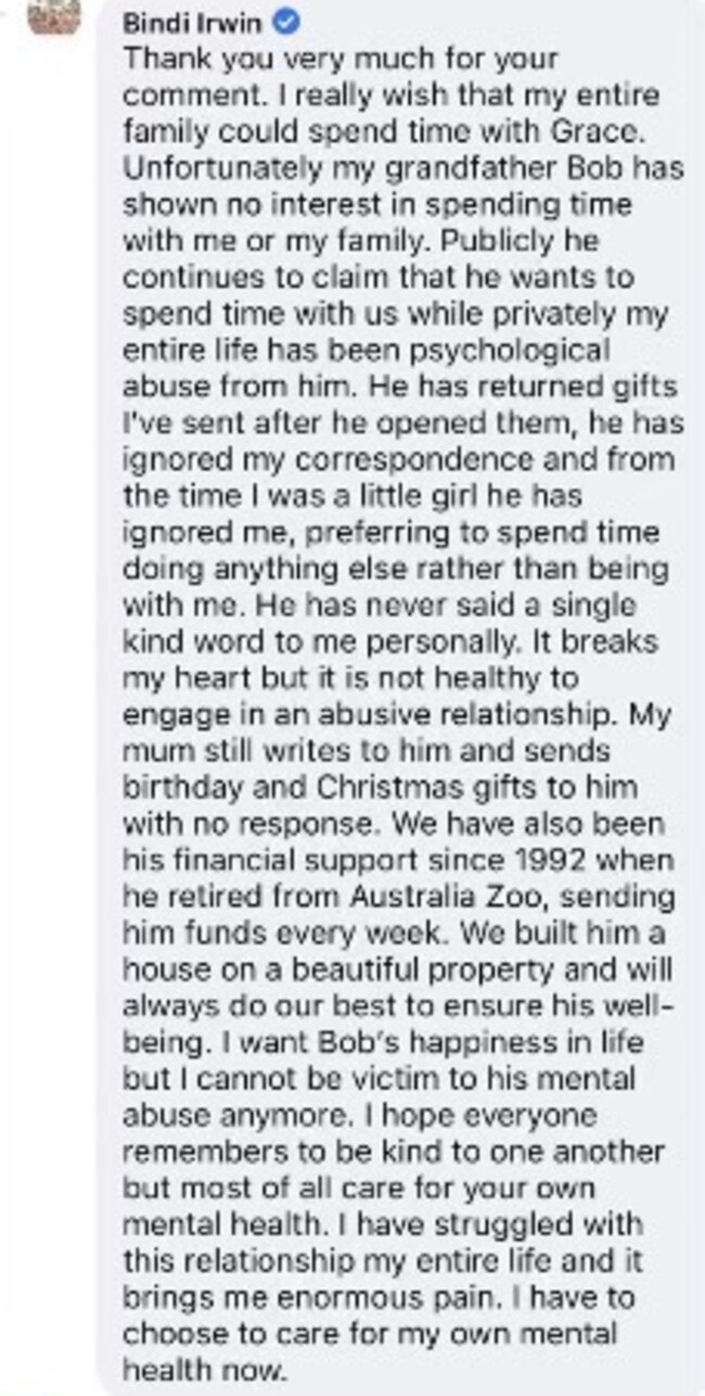 The post from Bindi Irwin.