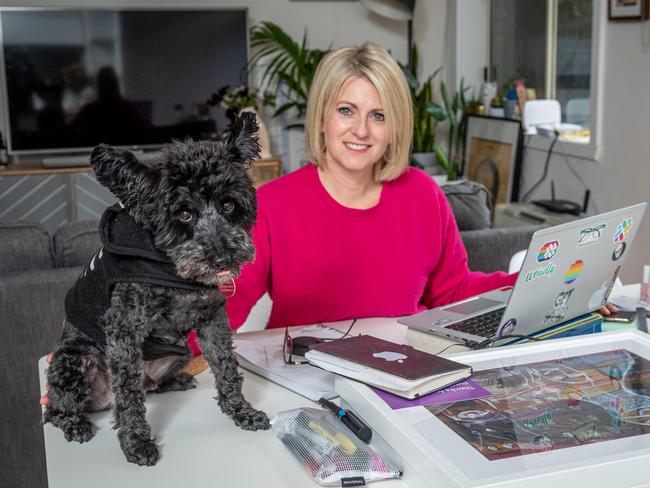 Sarah Purches and her dog Lenny plan to transition to remote work post-coronavirus. Picture: Jake Nowakowski