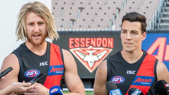 Shiel helped captain Dyson Heppell launch the new partnership with Amart. Picture: Jason Edwards