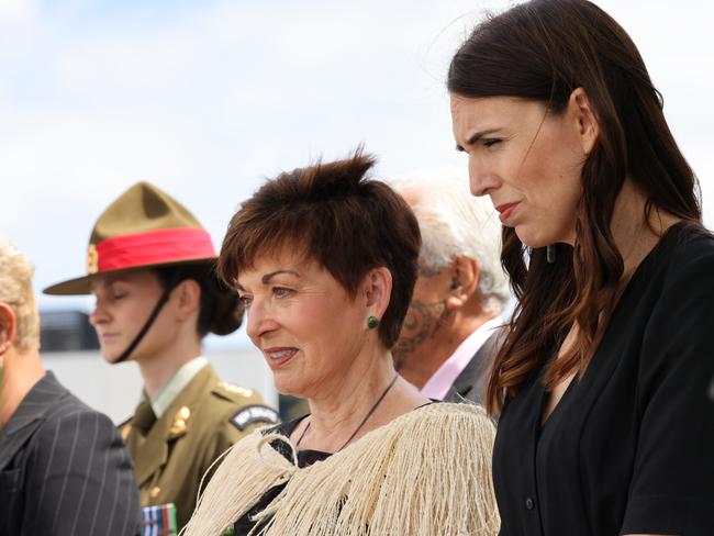 CHRISTCHURCH, NEW ZEALAND - FEBRUARY 22: New Zealand Governor General Dame Patsy Reddy (C) and  New Zealand Prime Minister Jacinda Ardern (R) during the national memorial service marking the 10th anniversary of the 2011 Christchurch earthquake on February 22, 2021 in Christchurch, New Zealand. (Photo by Peter Meecham/Getty Images)