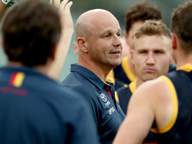 Matthew Nicks, coaches his first AFL game as new senior coach of the Adelaide Crows on March 21, 2020. Picture: JAMES ELSBY/AFL PHOTOS/ GETTY IMAGES