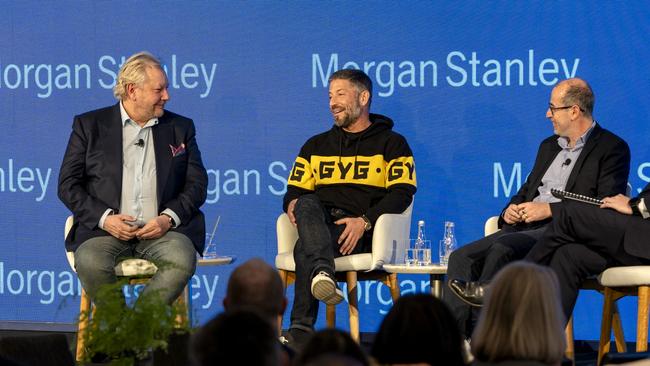 Wisetech chief Richard White on stage with GyG’s Steven Marks and Square Peg co-founder Paul Bassat.