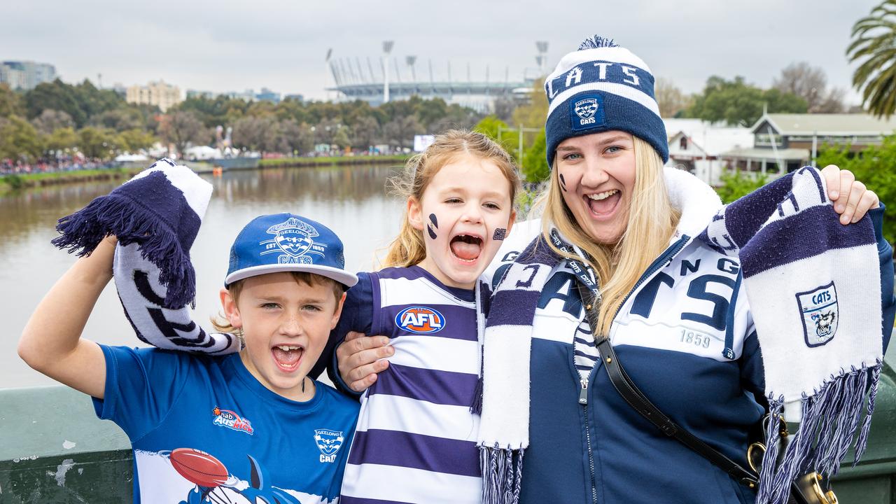 Kai, Mila and Maddie are on the Geelong train. Picture: Jason Edwards