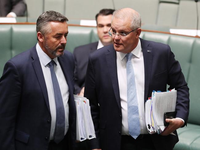 Minister for Veterans Affairs Darren Chester with PM Scott Morrison at Parliament House in Canberra. Picture Kym Smith