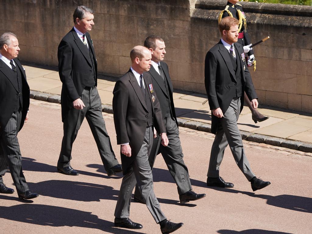 Prince William, Duke of Cambridge, Peter Phillips, Prince Harry, Duke of Sussex pictured walking alongside each other. Picture: Paul Edwards-WPA Pool/Getty Images