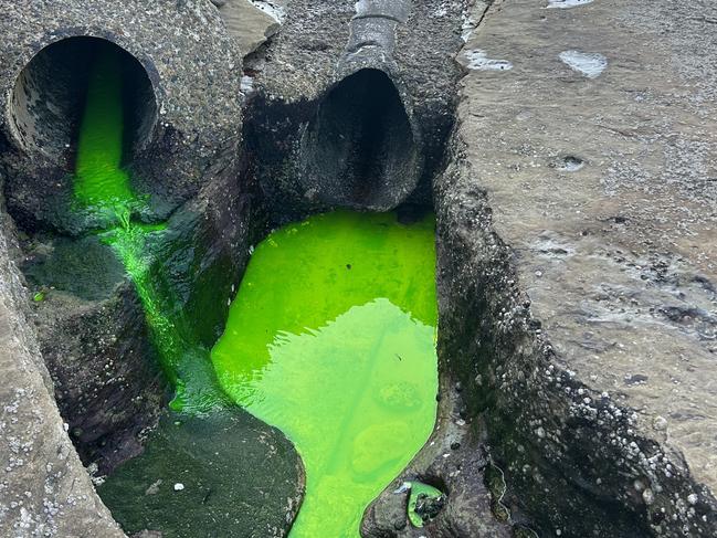 Bright green liquid spotted coming out of a pipe between Cronulla Beach and North Cronulla on Wednesday.