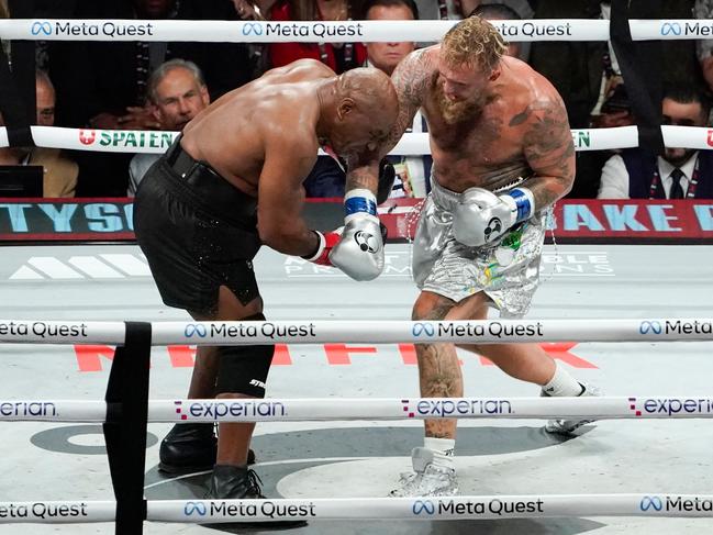 Jake Paul lands a punch on Mike Tyson. Picture: AFP