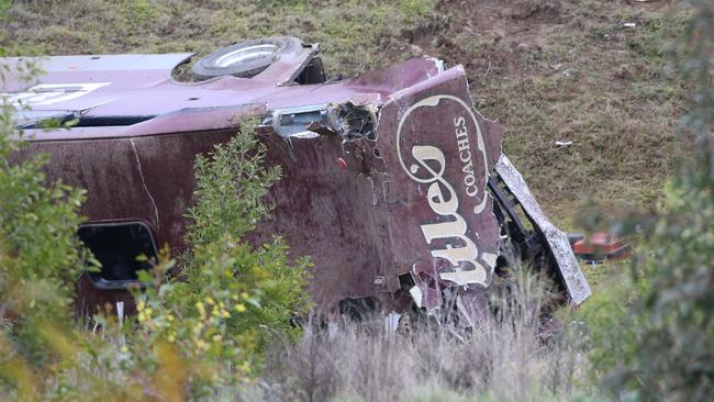 Five schoolgirls were cut from the bus wreckage by SES rescuers. Picture: Brendan Beckett