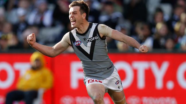 Zak Butters celebrates a goal as the Power pressured the home side all day. Picture: Michael Willson/AFL Photos via Getty Images