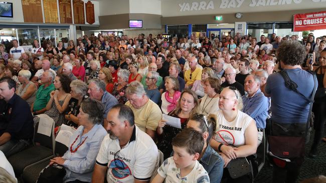 Hundreds of people packed the Yarra Bay Skiff Club on Sunday for a public meeting about the NSW Government proposal to turn Yarra Bay into a Cruise Ship Terminal. Picture: David Swift