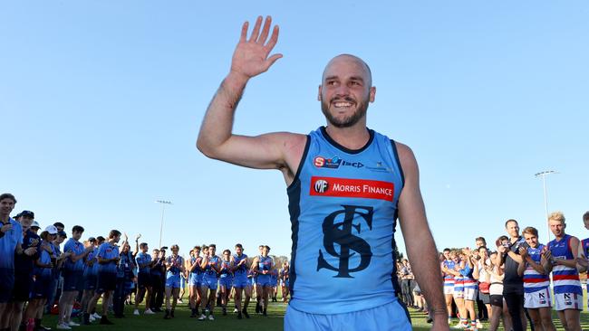 Dual Magarey Medallist &amp; premiership captain Zane Kirkwood walks from the ground after announcing his retirement from the SANFL. He will now coach Flagstaff Hill in the Southern Football League. Picture: Kelly Barnes