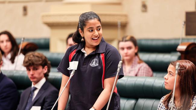 Port Lincoln High School student Prapti Pai speaks at The Advertiser Teen Parliament Picture: Russell Millard