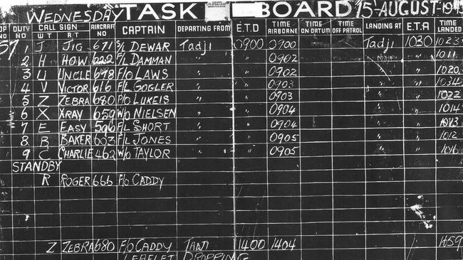 The task board for the Royal Australian Air Force's 100 Squadron on the final day of World War II, August 15, 1945, at Tadji air strip, New Guinea.