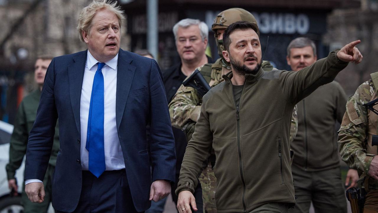 British Prime Minister Boris Johnson and Ukrainian President Volodymyr Zelensky walking in central Kyiv, on April 9, 2022. Picture: AFP PHOTO / the Ukrainian Presidential Press Service