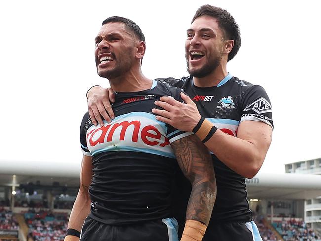 WOLLONGONG, AUSTRALIA - AUGUST 25: Jesse Ramien of the Sharks celebrates scoring a try during the round 25 NRL match between St George Illawarra Dragons and Cronulla Sharks at WIN Stadium, on August 25, 2024, in Wollongong, Australia. (Photo by Mark Metcalfe/Getty Images)