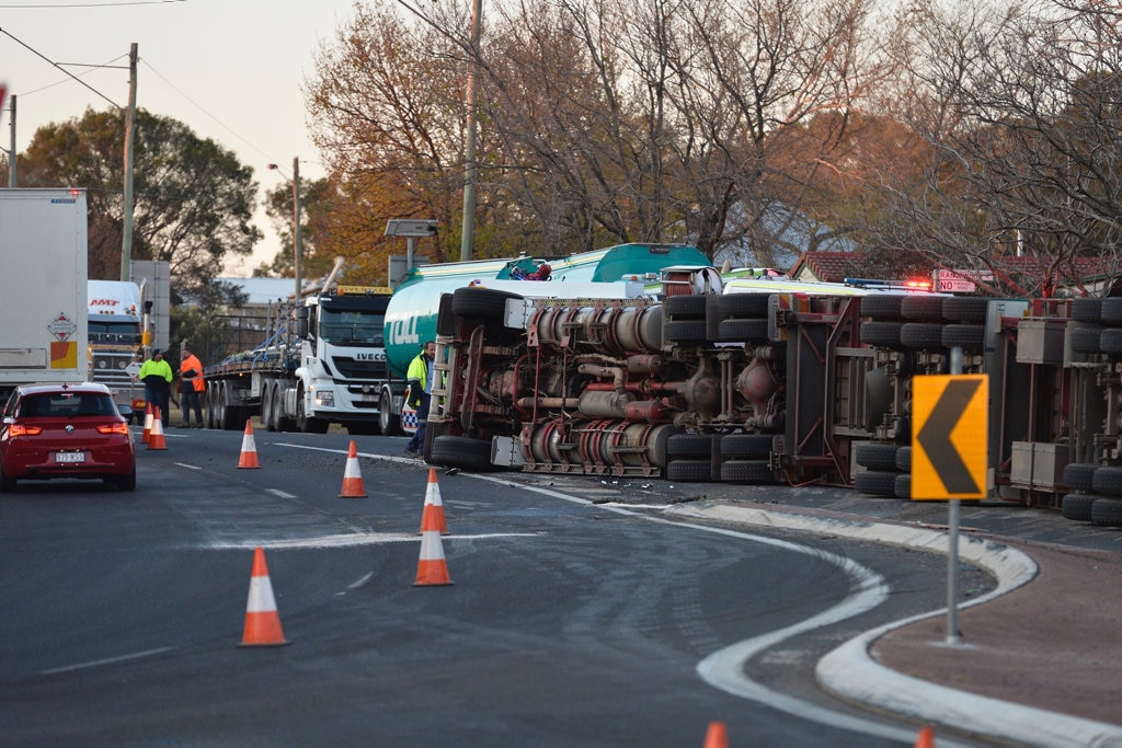 A cattle truck rolled over at the Corner of Cohoe St and James St on Monday afternoon. Picture: Kevin Farmer